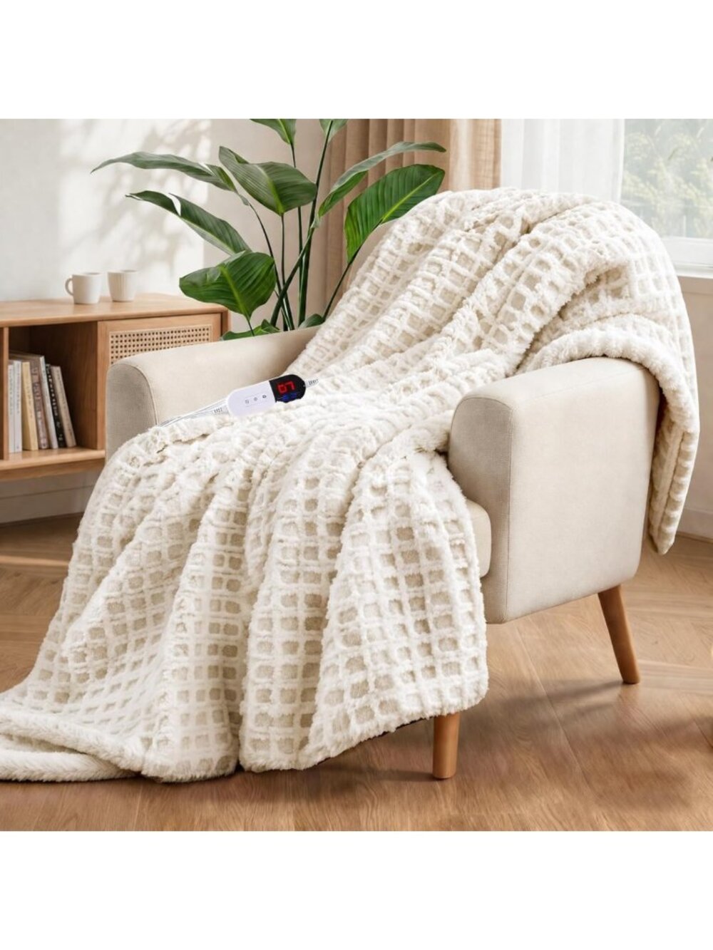Cozy Twin Heated Blanket, Soft Waffle Faux Fur & Sherpa Electric Throw, Beige
